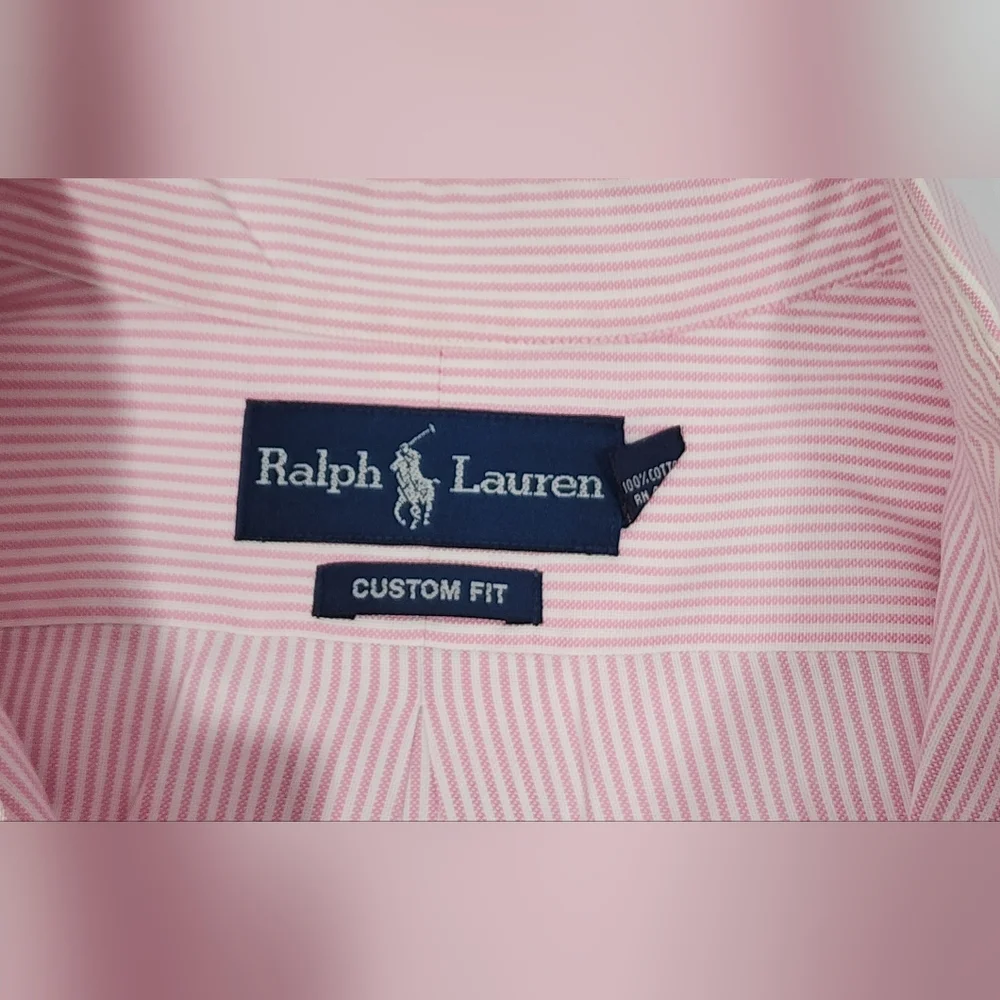 VINTAGE Polo Ralph Lauren Custom Fit Shirt Men's 16 1/2 32/33 Striped Pink White - Picture 12 of 14